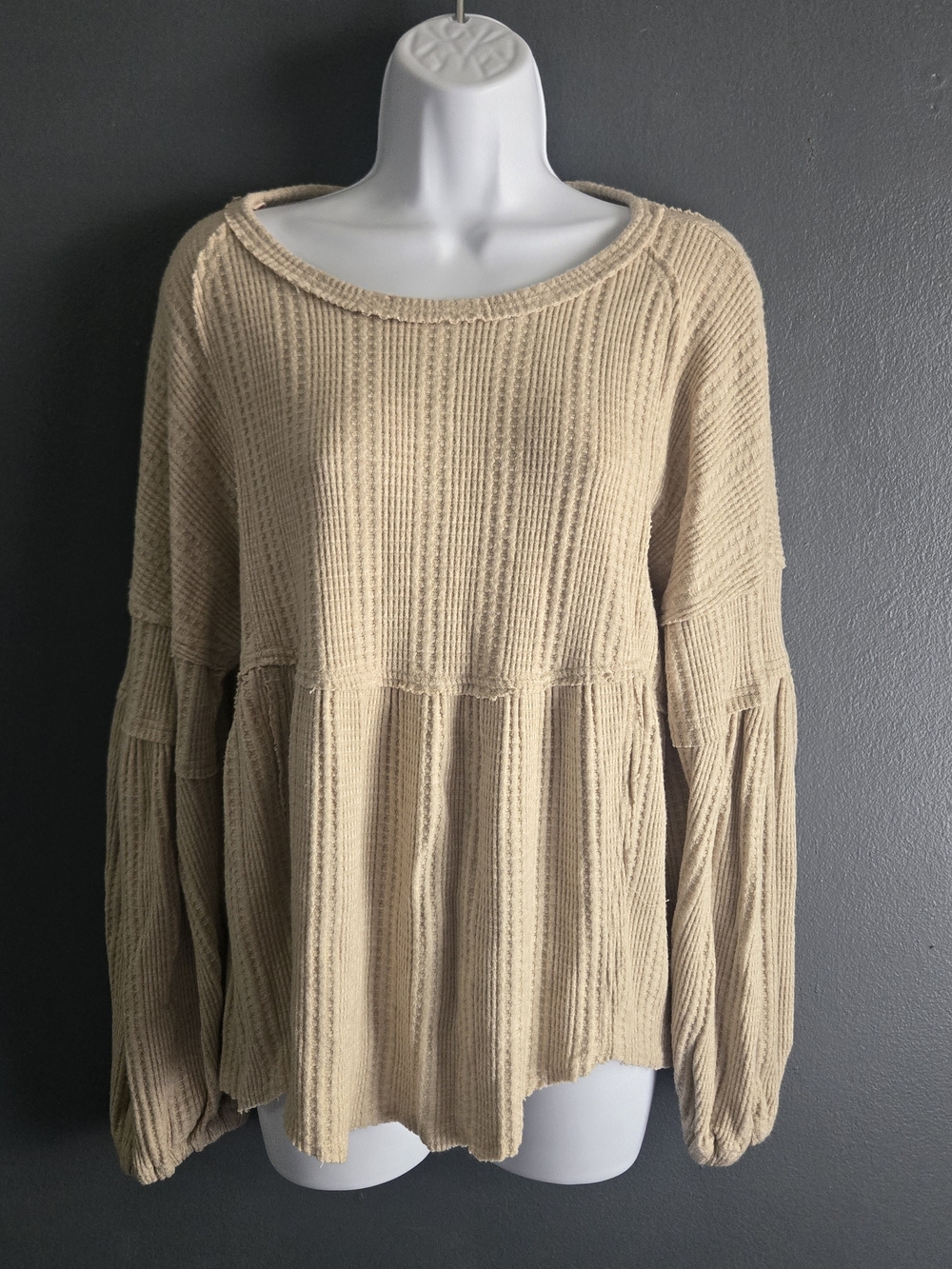 Babydoll Peplum Waffle Knit Raw Edge Balloon Sleeve Sweater M